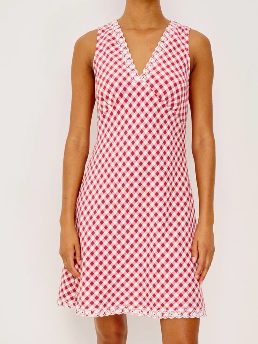 Rails Red and White Gingham Lace-Trim V-Neck Dress